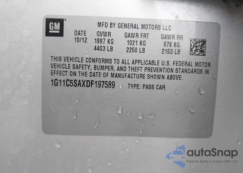 2013 Chevrolet Malibu 1Lt из США, поврежденный, VIN 1G11C5SAXDF197589